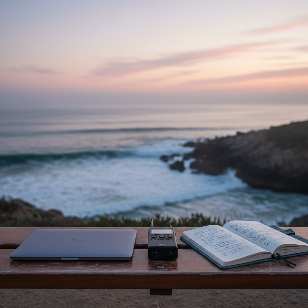 A serene coastal overlook at dawn, viewed from a polished wooden bench where a slim, graphite-gray laptop and a small field recorder are set side by side. Next to them, a weathered notebook with a fabric cover sits open, revealing neatly inked lyrics about the sea. Below, blurred ocean waves roll in gentle rhythm against rocky cliffs under pastel skies. Soft, cool morning light washes across the scene, creating subtle highlights on the laptop and recorder. Photographic realism, composed wide with the creative tools in the foreground and sweeping landscape behind, evoking a sophisticated, reflective mood of composing music inspired by travel.