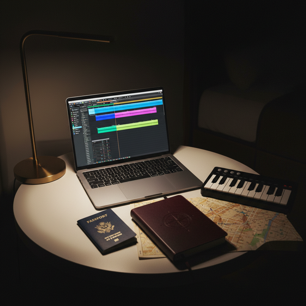A night-time hotel desk scene featuring a slim, silver laptop running a digital audio workstation with colorful waveform tracks, beside a dark burgundy journal embossed with a subtle compass design. A small portable keyboard, a travel-worn passport, and a folded city map are arranged with careful, artistic order. The only light source is a warm, modern desk lamp that casts a gentle pool of light, leaving the room in soft shadow. Reflections shimmer faintly on the laptop’s metallic surface. Photographic realism, shot from a slightly elevated angle, with a sophisticated, focused atmosphere that captures the solitude and inspiration of composing music on the road.