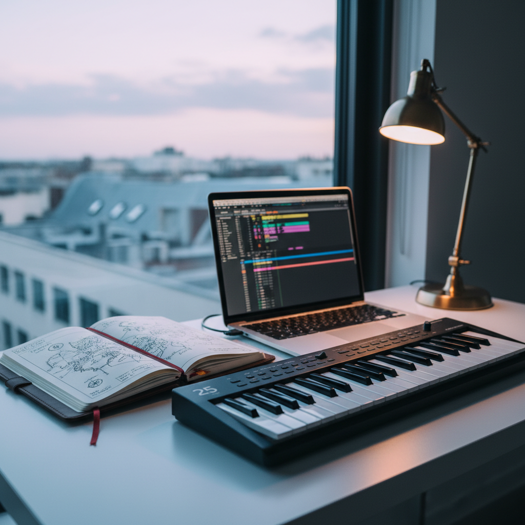 A compact, well-traveled MIDI keyboard with slightly worn keys, positioned on a minimalist white desk beside a slim laptop displaying a music composition timeline. Next to it, a leather-bound notebook with a silk ribbon bookmark lies half open, revealing sketched maps and short story outlines. Outside a large window, faintly visible in the blurred background, are distant city rooftops and a pale evening sky. Cool natural dusk light mixes with a single warm desk lamp, creating balanced, cinematic contrast. Photographic realism, captured from a three-quarter angle, with thoughtful, sophisticated atmosphere emphasizing a creative workspace for music and writing.