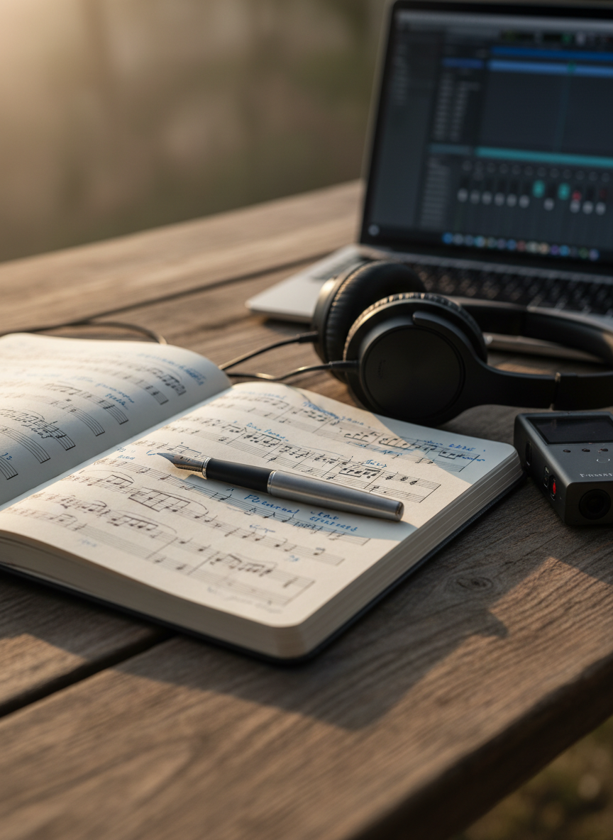 A sleek, matte-black travel journal lying open on a rustic wooden table, its cream pages filled with neat handwritten music notations and fragments of travel stories. A brushed-metal fountain pen rests across the staff lines, beside a pair of wireless headphones and a compact digital audio recorder. In the background, blurred but recognizable, a laptop shows an open music-writing interface. Soft golden-hour light pours in from an unseen window, catching the texture of the paper and the grain of the wood. Photographic realism, shot at eye level with a shallow depth of field, creating an intimate, sophisticated mood that blends writing, music creation, and personal reflection.