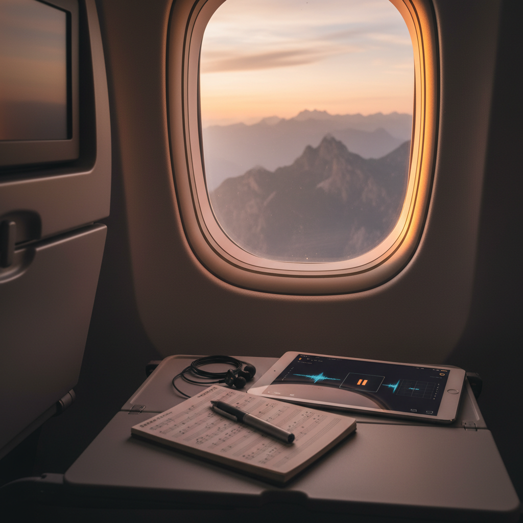 An airplane window scene captured from a window-seat perspective, with a small, fold-out tray holding a compact notebook filled with music staffs, a tablet showing a minimalist music production app, and a pair of neatly coiled in-ear monitors. Far below, soft-focus mountain ranges fade into a hazy horizon under a gentle sunset gradient. The cabin light is dim, while warm, diffused sunlight bathes the tray and notebook, creating delicate highlights on the tablet screen. Photographic realism, composed using rule of thirds, with a calm, contemplative mood that suggests writing music and stories while traveling between distant places.
